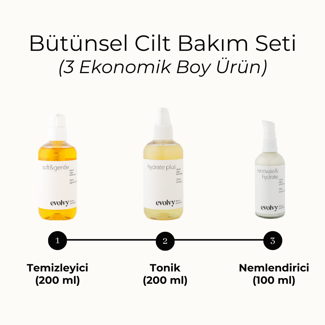 Bütünsel Cilt Bakım Seti- Ekonomik Boy, 3 ürün, Temizlik, Dengeleme, Nemendirme, Doğal ve Vegan