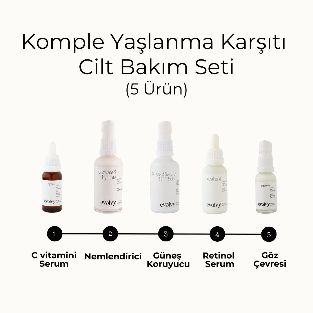 Komple Yaşlanma Karşıtı Cilt Bakım Seti, 5 Ürün, Rozalı Cilt Dostu, Retinol, C vitamini, AHA, SPF, Botanik Özler, Doğal, Vegan