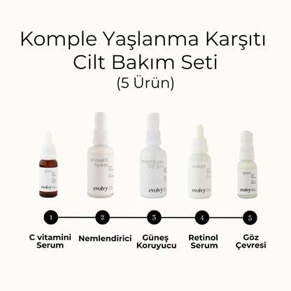 Komple Yaşlanma Karşıtı Cilt Bakım Seti, 5 Ürün, Rozalı Cilt Dostu, Retinol, C vitamini, AHA, SPF, Botanik Özler, Doğal, Vegan