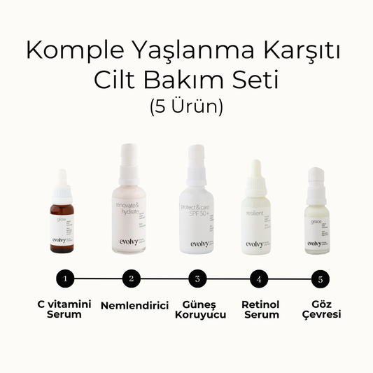 Komple Yaşlanma Karşıtı Cilt Bakım Seti, 5 Ürün, Rozalı Cilt Dostu, Retinol, C vitamini, AHA, SPF, Botanik Özler, Doğal, Vegan
