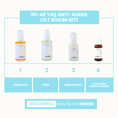 30-40 Yaş Komple Anti Aging Set, 4 Ürün, Rozalı Cilt Dostu, Retinol, Hyaluronik Asit, Niasinamid, Botanik Özler,Doğal, Vegan