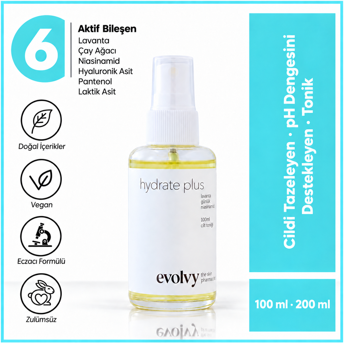 Hydrate Plus: pH Dengeleyici ve Yatıştırıcı Nem Toniği, Roza Dostu, Doğal & Temiz İçerik