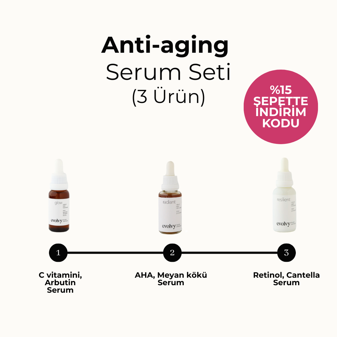 Antiaging Serum Seti - 3 Ürün, Pürüzsüzleştirici, Aydınlatıcı, Sıkılaştırıcı, Rozalı Cilt Dostu, Doğal, Vegan