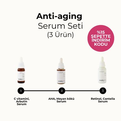 Antiaging Serum Seti - 3 Ürün, Pürüzsüzleştirici, Aydınlatıcı, Sıkılaştırıcı, Rozalı Cilt Dostu, Doğal, Vegan